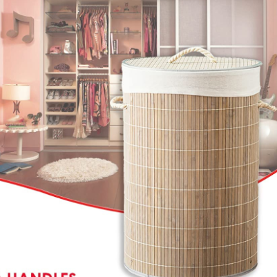 Round handle easy-to-open lid foldable and durable bamboo laundry basket / 3