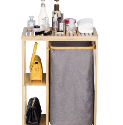 Independent laundry storage cabinet sliding bag double storage shelf bamboo laundry basket table / 2