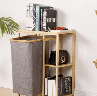 Independent laundry storage cabinet sliding bag double storage shelf bamboo laundry basket table / 3