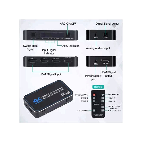 4-Port 4K@60Hz HDMI Switcher Box Selector Audio Extractor Splitter with IR Wireless Remote hdmi swit / 3