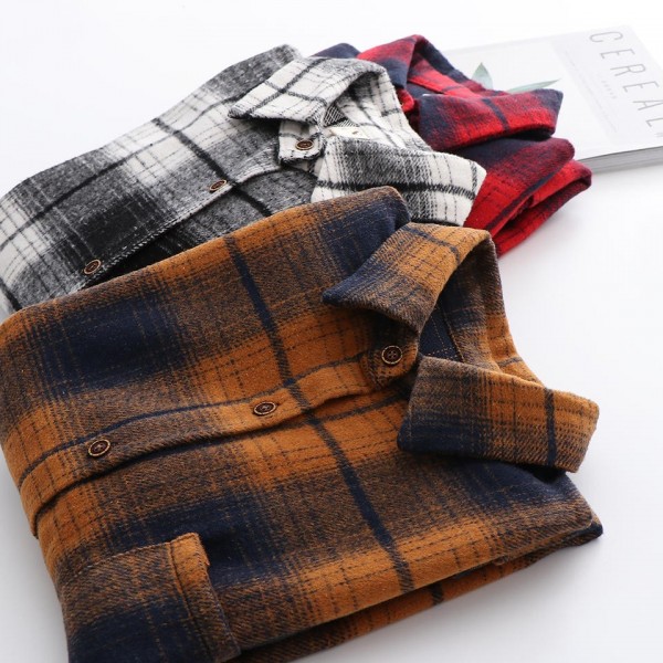 High Quality Autumn Casual Dark Colour Plaid Pattern Full Sleeve Polyester Spandex Check Flannel Shi / 2