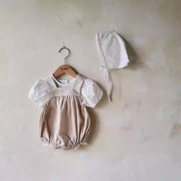 Korean girls' baby bubble short sleeve shirt+lace shoulder strap romper two-piece suit / 2