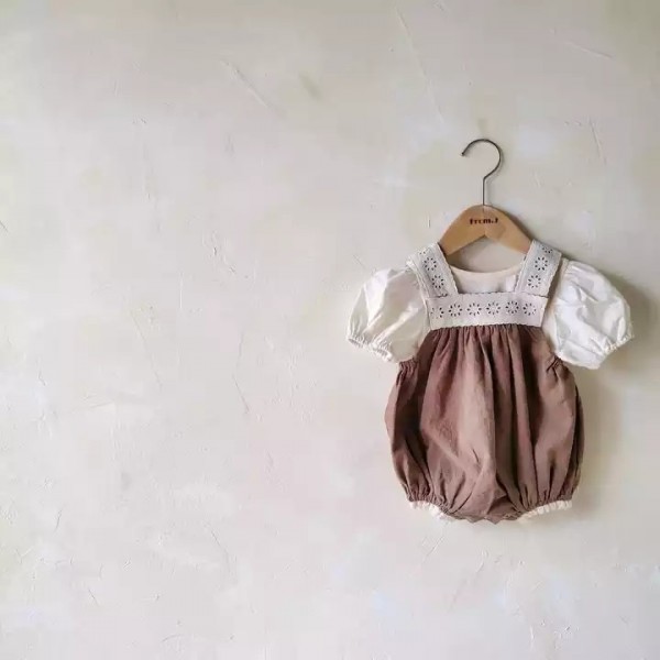 Korean girls' baby bubble short sleeve shirt+lace shoulder strap romper two-piece suit / 3