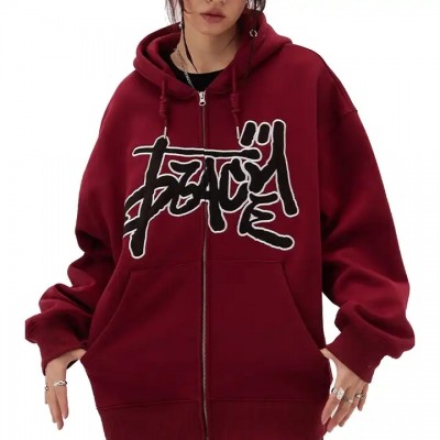 Custom Chenille Patch Embroidery Logo High Quality Zipper Hoodies Heavy Thick 100% Cotton Oversized