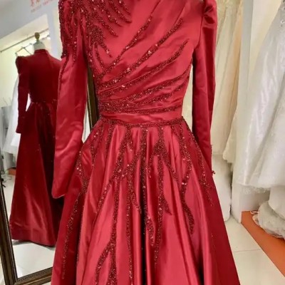 Long Puffy Sleeve Full Beaded By Hand Made A Line Satin Burgundy Evening Dress