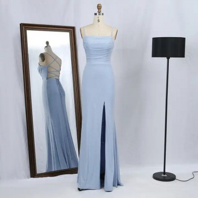 bridesmaid 2023 blue sparkle knitted jersey Floor Length Women Lace Up Back Long Evening Gown Prom D