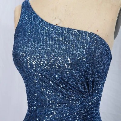 2022 new design women elegant plus size Blue one shoulder pleated bodice sequin bridesmaid prom dres