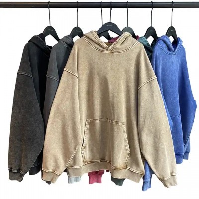 420g Cotton Distressed Vintage Hoodie Wholesale Heavyweight Oversized No Drawstring Acid Washed Hood
