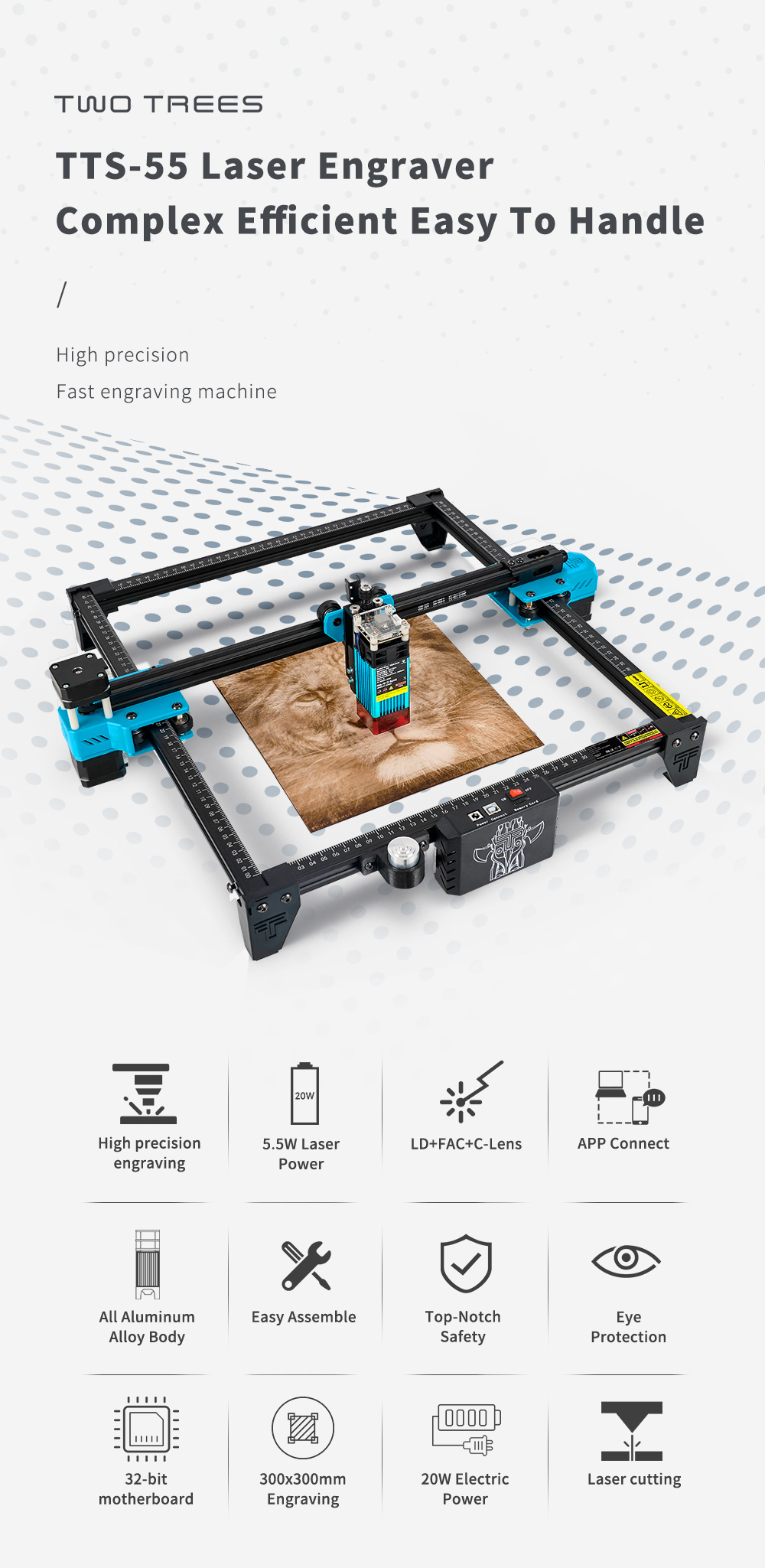 TWOTREES NEW TTS 5.5w mini cnc DIODE laser engraver cutting machine,  300<i></i>x300 high speed Diy 3d laser engraving machine for Wood