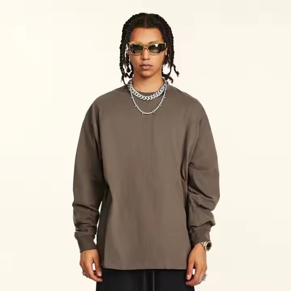 Classic Unisex 225G Heavy Weight Loose Solid Color T-shirt for Man Streetwear Long Sleeve Pullover O / 2