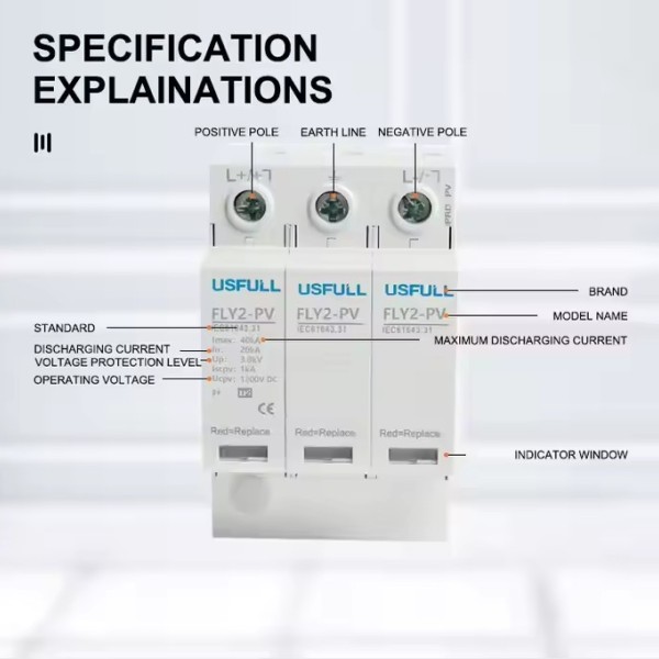 USFULL DC SPD 2P/3P 500V 600V 800V 1000V 1200V 1500V Safety protection Surge Protector Device for So / 2