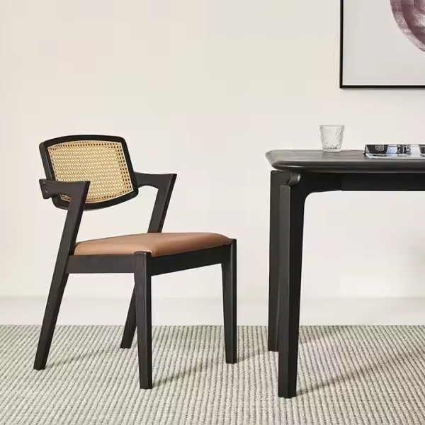 European Italian Brown PU leather Restaurant Coffee Shop Chair Black Oak Silla De Madera Upholstered / 2