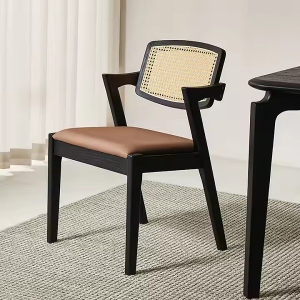 European Italian Brown PU Leather Restaurant Coffee Shop Chair Black Oak Wood Upholstered Dining Cha / 3