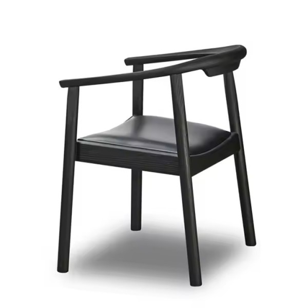 Luxury Curved Leather Dining Room Chair Oak Wood Black Upholstered Genuine Leather Dining Chair / 2